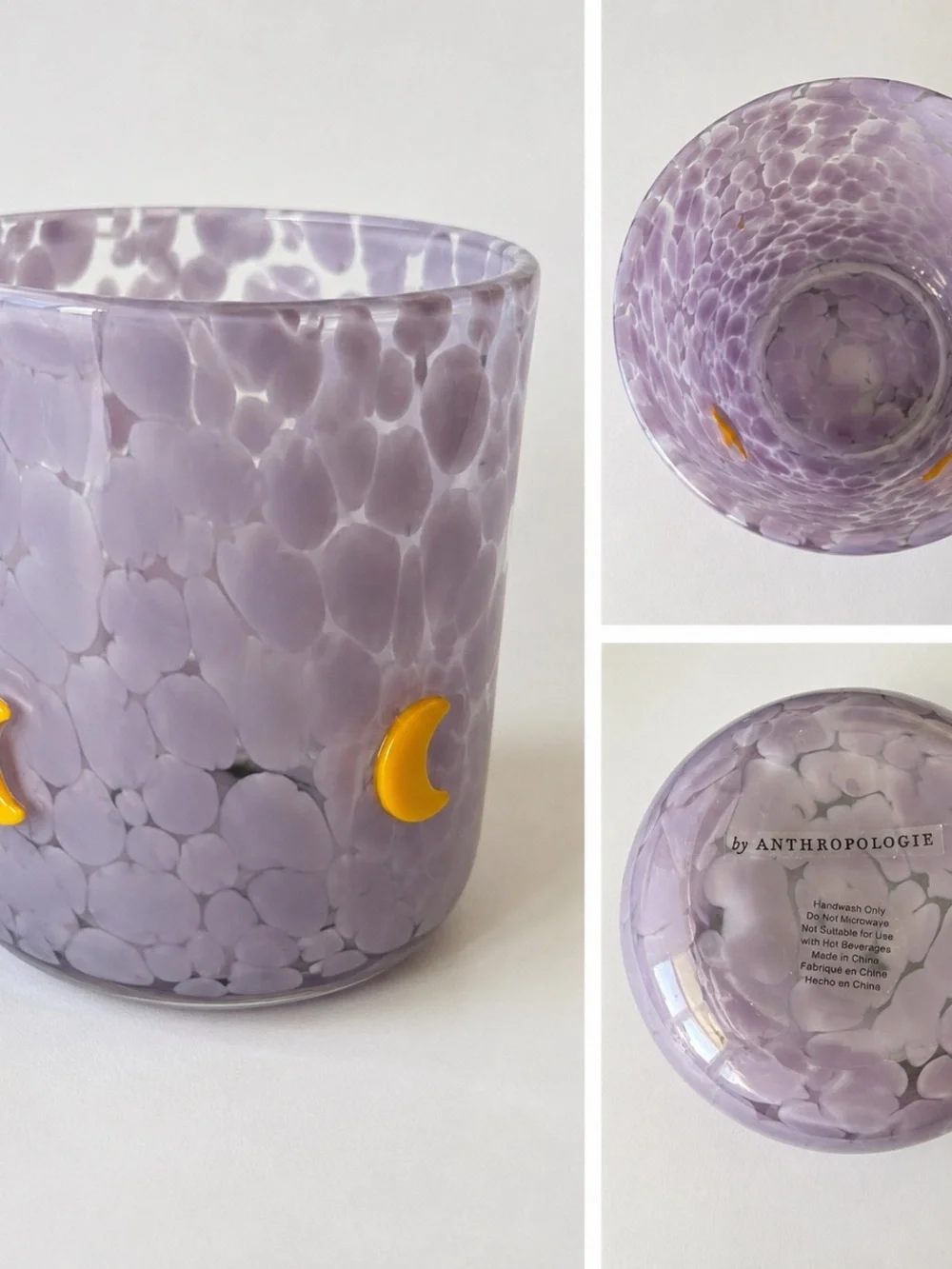 Anthropologie Lavender Speckle Glass Tumbler with Yellow Moon Accents